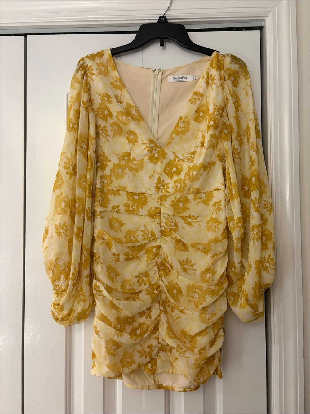 SweetPot Yellow Floral V-Neck Ruched Mini Dress